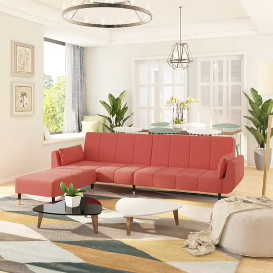 vidaXL Bäddsoffa 2-sits med pall & två kuddar rosa sammet