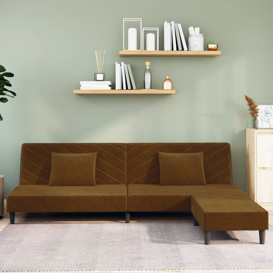 vidaXL Bäddsoffa 2-sits med två kuddar och fotpall brun sammet