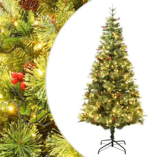 vidaXL Plastgran med ljusslinga och kottar grön 195 cm PVC&PE