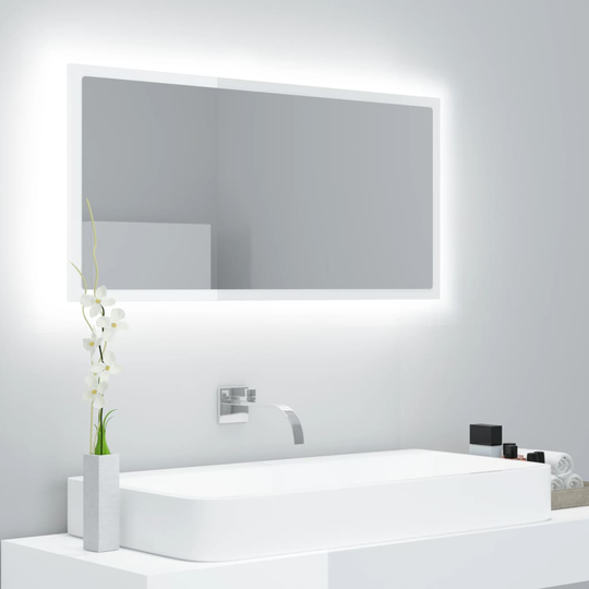 vidaXL Badrumsspegel med LED vit högglans 90x8,5x37 cm spånskiva