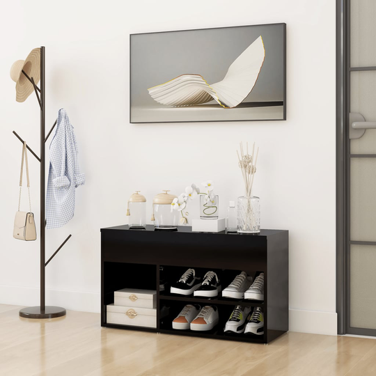 vidaXL Skobänk svart högglans 80x30x45 cm spånskiva