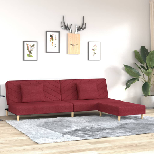 vidaXL Bäddsoffa 2-sits med två kuddar och fotpall vinröd tyg