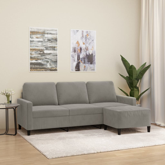 vidaXL 3-sitssoffa med fotpall ljusgrå 180 cm sammet