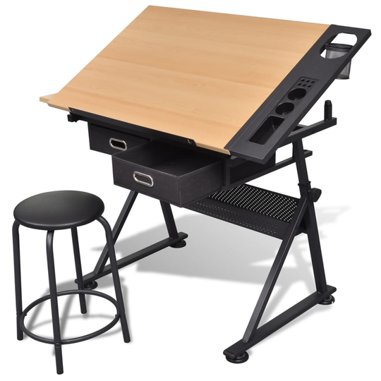 vidaXL Vinklingsbart ritbord med 2 lådor och 1 pall