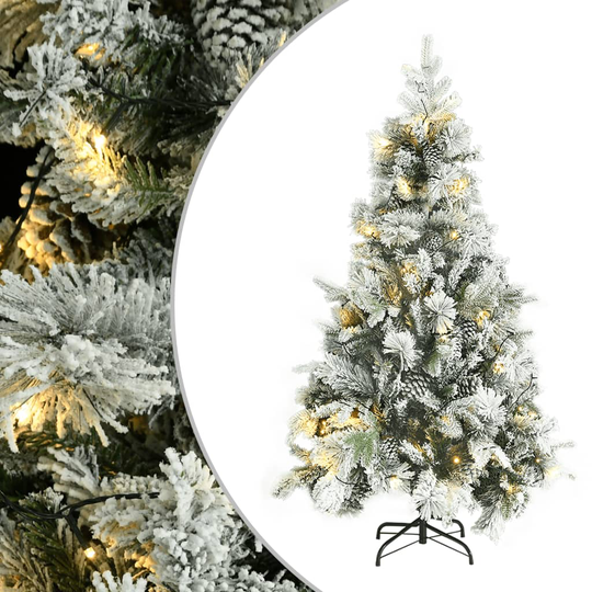 vidaXL Plastgran med snö ljusslinga och kottar 195 cm PVC&PE