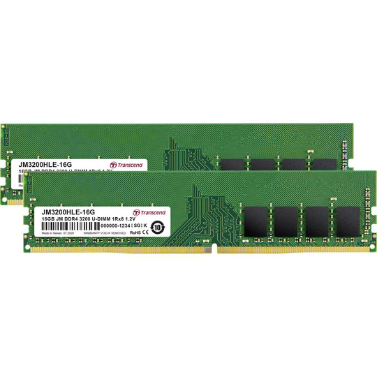 Transcend JM3200HLE-32GK Internminne Desktop Kit JetRam Dual Channel-sats 32 GB 2 x 16 GB DDR4 3200 MHz