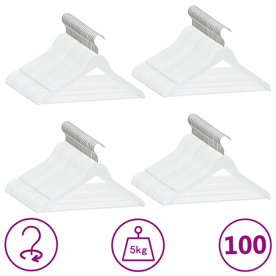 vidaXL Klädgalgar 100 st halkfria vit trä