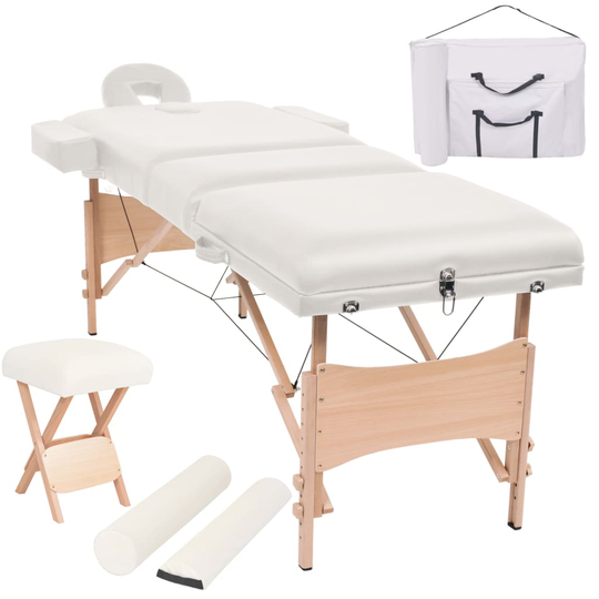 vidaXL Hopfällbar massagebänk 3 sektioner och pall set 10 cm tjock vit