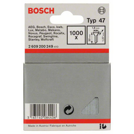 Spik, typ 47 - 1,8 x 1,27 x 30 mm 1000 st Bosch Accessories 2609200249 N/A