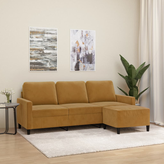 vidaXL 3-sitssoffa med fotpall brun 180 cm sammet