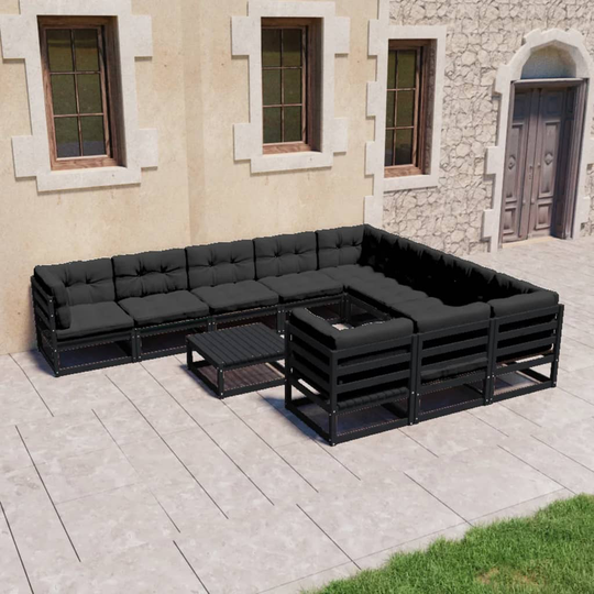 vidaXL Loungegrupp för trädgården med dynor 11 delar svart massiv furu
