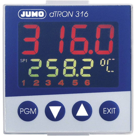 Jumo dTRON 316 PID Termostat Pt100, Pt500, Pt1000, KTY11-6, L, J, U, T, K, E, N, S, R, B, C, D -200 till +2400 °C Relä 3 A, Analog ström (L x B x H) 105 x 48 x