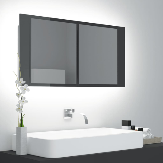 vidaXL Spegelskåp för badrum LED grå högglans 90x12x45 cm