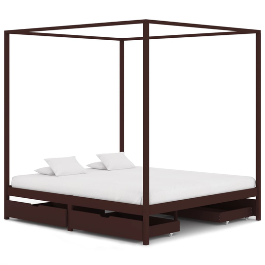 vidaXL Himmelsäng med 4 lådor mörkbrun massiv furu 160x200 cm