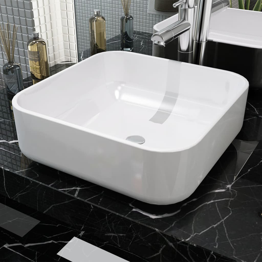 vidaXL Handfat fyrkantig keramik vit 38x38x13,5 cm