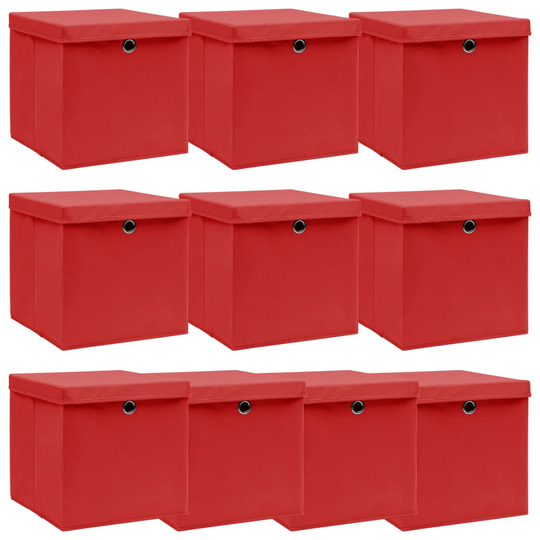 vidaXL Förvaringslådor med lock 10 st röd 32x32x32 cm tyg
