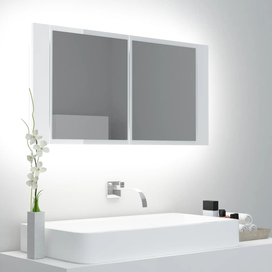 vidaXL Spegelskåp för badrum LED vit högglans 90x12x45 cm