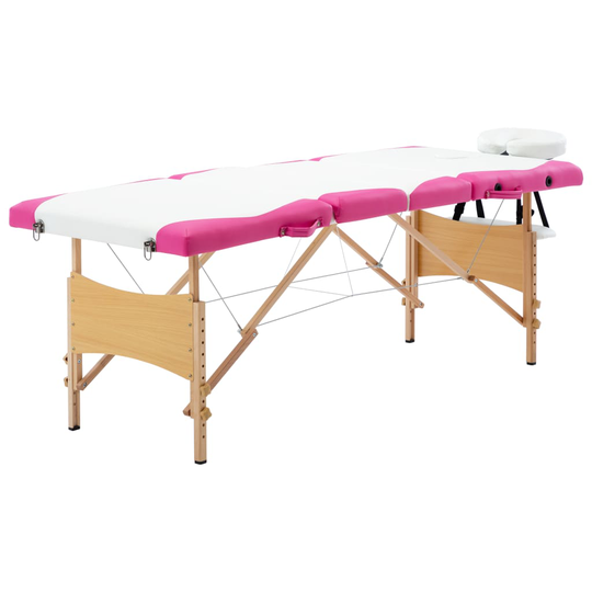 vidaXL Hopfällbar massagebänk 4 sektioner trä vit och rosa