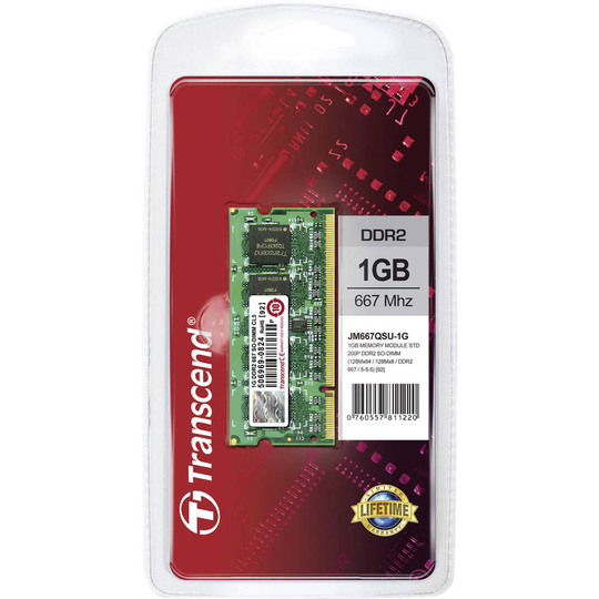 Transcend JM667QSU-1G Internminne Laptop Modul JetRam 1 GB 1 x 1 GB DDR2 667 MHz CL5 5-5-15