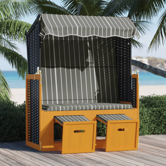 vidaXL Strandkorg med tak konstrottning och massivt trä svart och grå