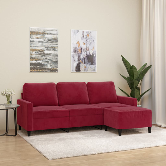 vidaXL 3-sitssoffa med fotstöd vinröd 180 cm sammet