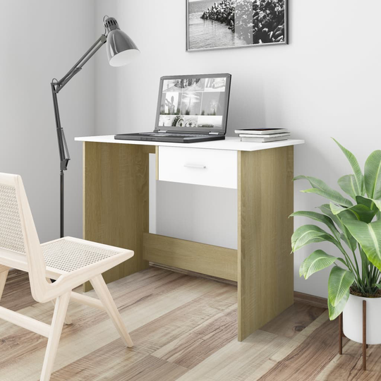 vidaXL Skrivbord vit och sonoma-ek 100x50x76 cm spånskiva