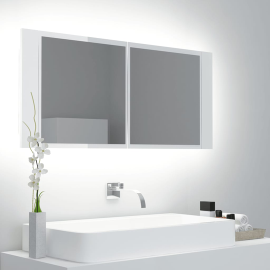 vidaXL Spegelskåp för badrum LED vit högglans 100x12x45cm