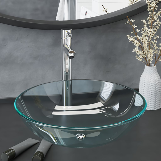 vidaXL Handfat med kran och bottenventil klart härdat glas