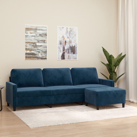 vidaXL 3-sitssoffa med fotpall blå 210 cm sammet