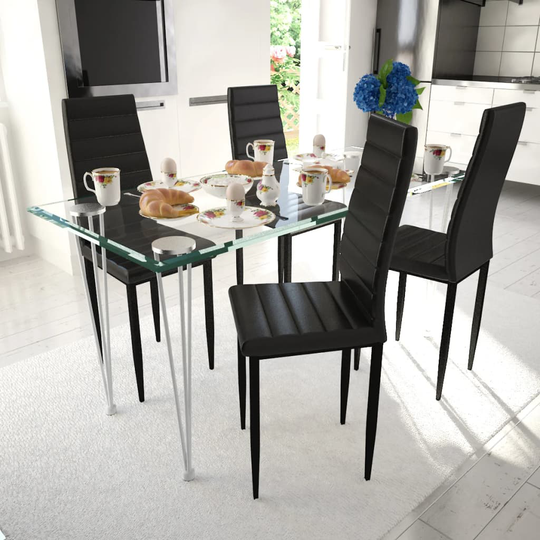 Matsalsset 4 st Slimmade Stolar Svart med 1 Glasbord (241497 + 241487)