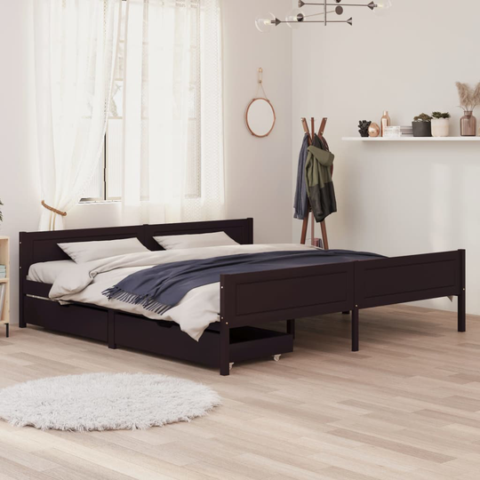 vidaXL Sängram med 2 lådor mörkbrun 180x200 cm massiv furu