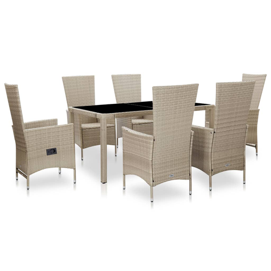vidaXL Matgrupp för trädgården med dynor 7 delar konstrotting beige