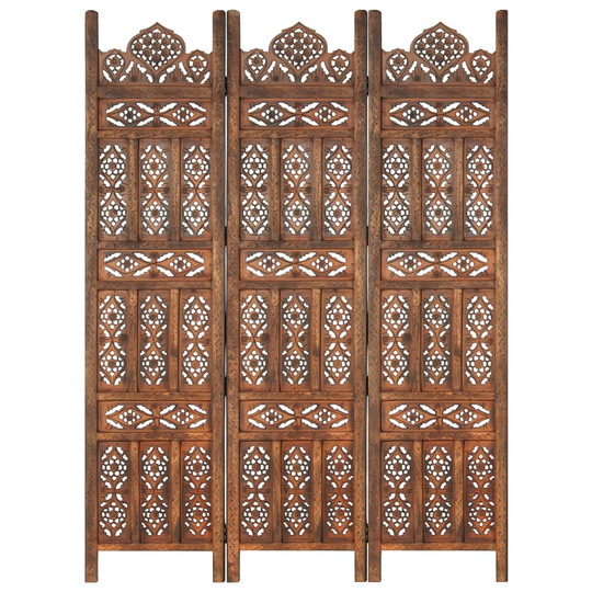 vidaXL Rumsavdelare 3 paneler handsnidad brun 120x165 cm mangoträ