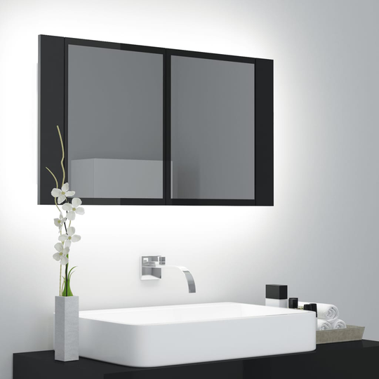 vidaXL Spegelskåp för badrum LED svart högglans 80x12x45 cm