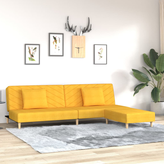 vidaXL Bäddsoffa 2-sits med två kuddar och fotpall gul tyg