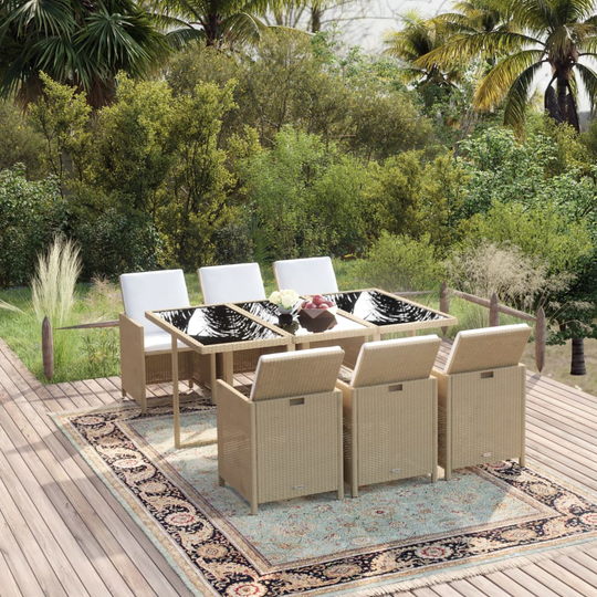 vidaXL Matgrupp för trädgården med dynor 7 delar konstrotting beige