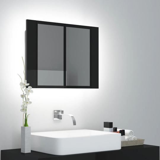 vidaXL Spegelskåp för badrum LED svart högglans 60x12x45 cm