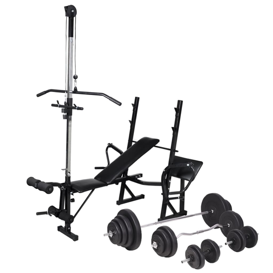 vidaXL Träningsbänk set med viktställning skivstång och hantlar 120 kg