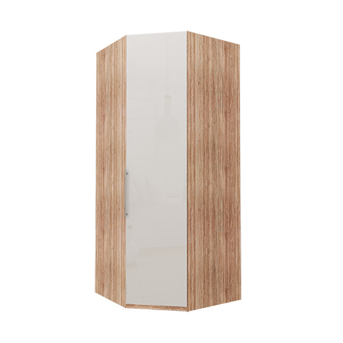 Hörn Atlanta garderob 216 cm, Vitt glas, Ljus rustik ek