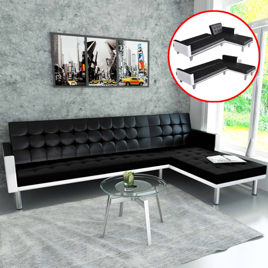 vidaXL L-formad bäddsoffa konstläder svart