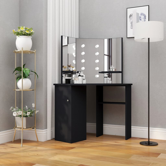 vidaXL Sminkbord för hörn med LED svart 111x54x141,5 cm
