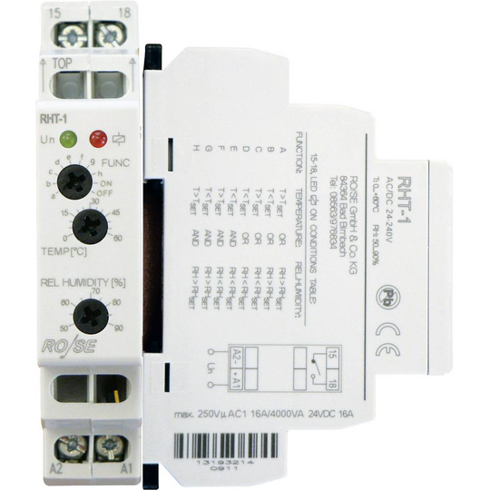 Hygro-termostat kombination för skåp RHT-1 Rose LM 230 V/DC, 230 V/AC 1 NO (L x B x H) 90 x 64 x 17.6 mm