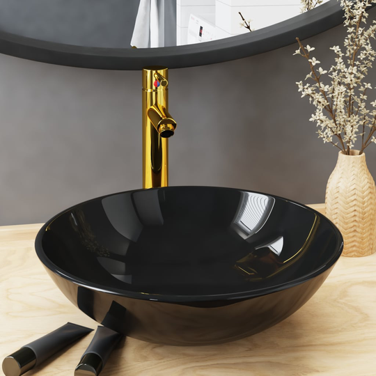 vidaXL Handfat med kran och bottenventil svart härdat glas