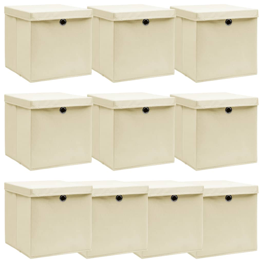vidaXL Förvaringslådor med lock 10 st gräddvit 32x32x32 cm tyg
