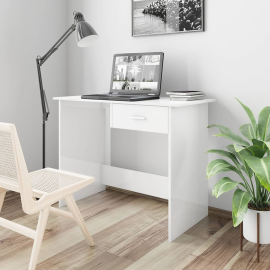vidaXL Skrivbord vit högglans 100x50x76 cm spånskiva