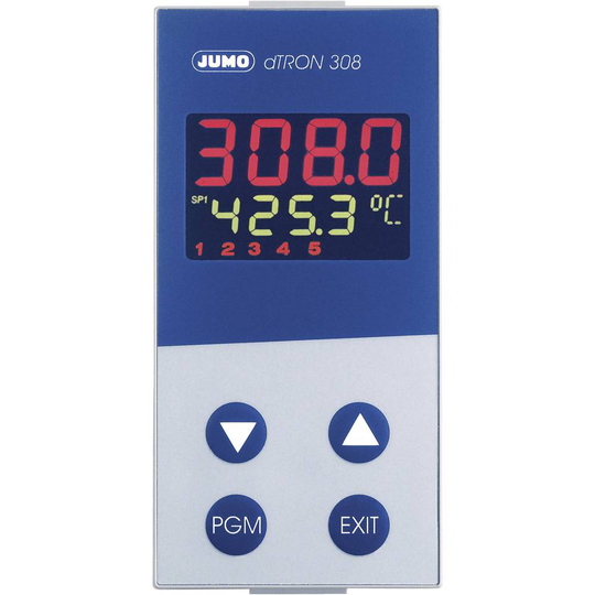 Jumo dTRON 308 (hoch) PID Termostat Pt100, Pt500, Pt1000, KTY11-6, L, J, U, T, K, E, N, S, R, B, C, D -200 till +2400 °C Relä 3 A, Analog ström (L x B x H) 105