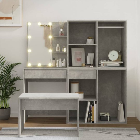 vidaXL Sminkbord LED betonggrå konstruerat trä