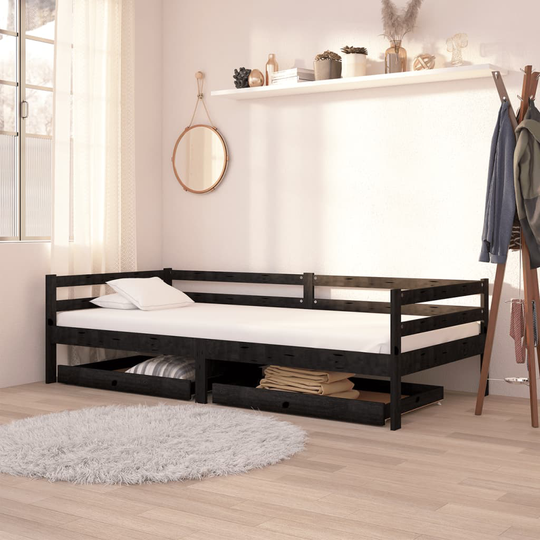 vidaXL Dagbädd med lådor 90x200 cm svart massiv furu