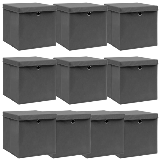 vidaXL Förvaringslådor med lock 10 st grå 32x32x32 cm tyg