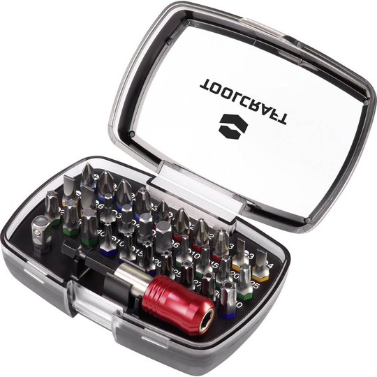 TOOLCRAFT 1613599 Bit-Set 32 delar Spår, Stjärnspår Phillips, Stjärnspår Pozidriv, Inner-sexkantig, T-Profil med lock, T-Profil